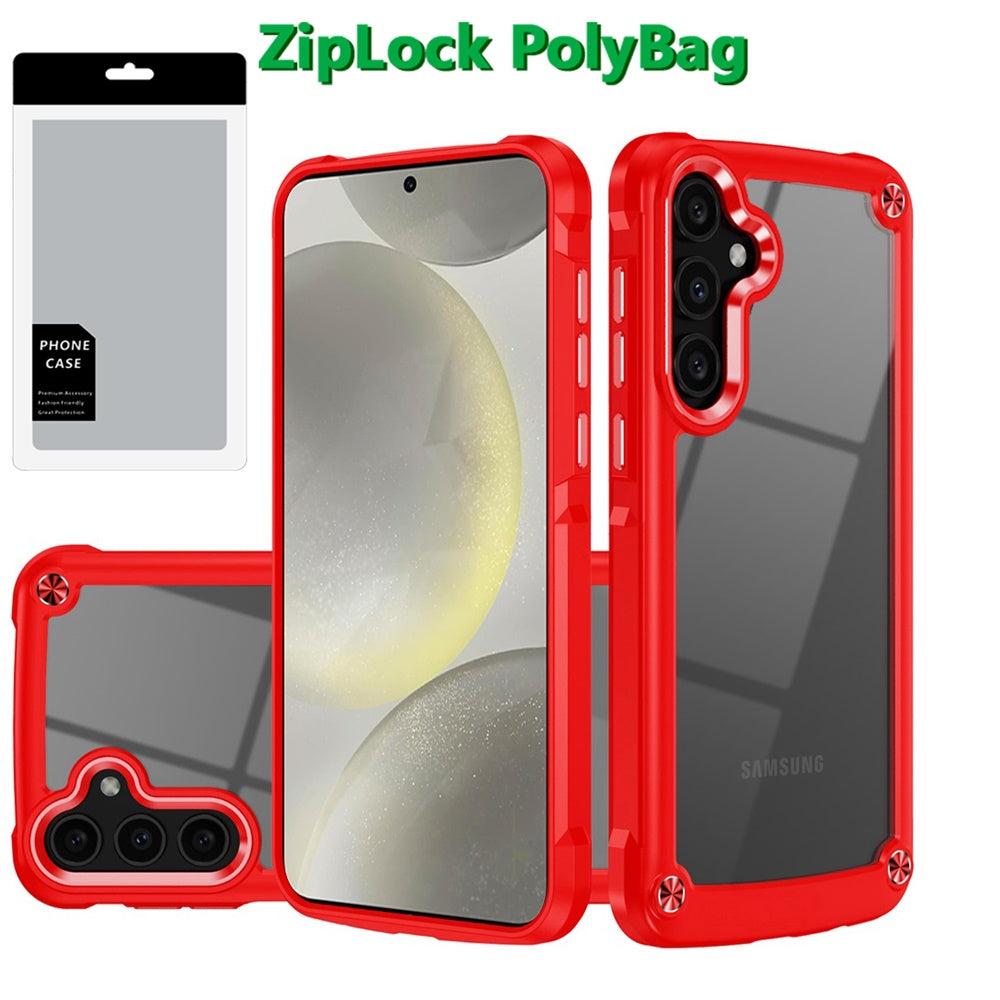 For Samsung Galaxy S25 /S24 Hybrid Transparent Rubber with Metal Buttons & Camera Edges Hard TPU Corner Frame Bumper Case Cover Red