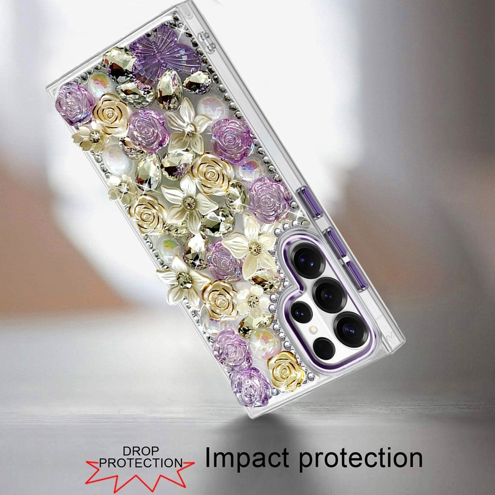 Phone Case for Samsung Galaxy S23 Ultra Luxury Rose Bling Rhinestone Glitter Floral Hybrid Shockproof Stylish Protective Designer Ornament Sparkle Cover Purple