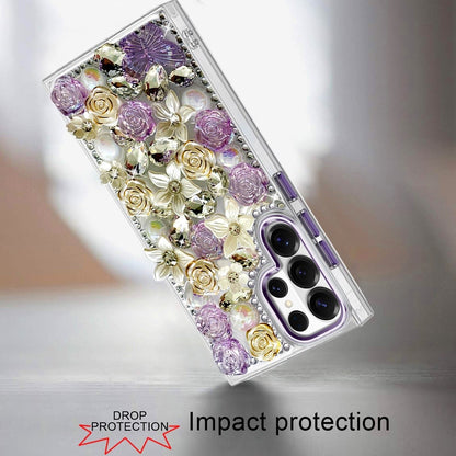 Phone Case for Samsung Galaxy S23 Ultra Luxury Rose Bling Rhinestone Glitter Floral Hybrid Shockproof Stylish Protective Designer Ornament Sparkle Cover Purple