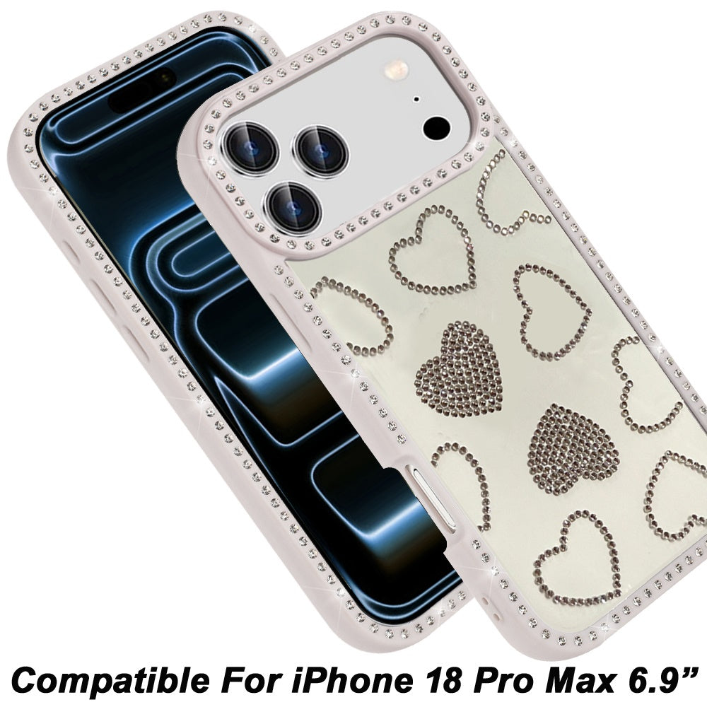 Phone Case for Apple iPhone 18 Pro Max/ 17 Pro Max Spread Love Hearts Glitter Shimmer Bling Diamond Edge Shockproof Hybrid Stylish Protective Slim Grip Designer Cover Off-White