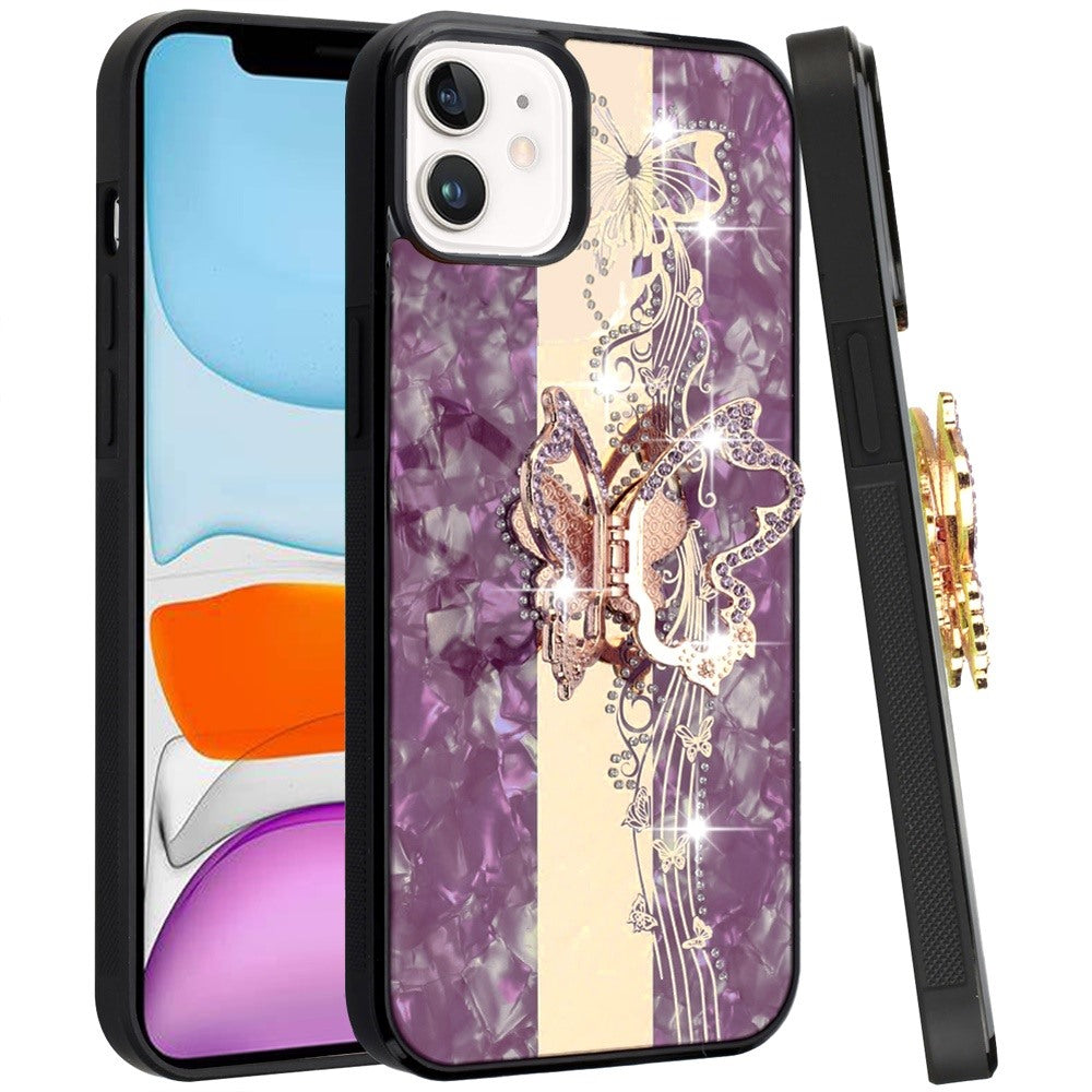 Phone Case for Apple iPhone 11 Diamond Glitter Butterfly Engraved Ring Stand Luxury Bling Hybrid Shockproof Chrome Edge Protective Durable Grip Cover Purple
