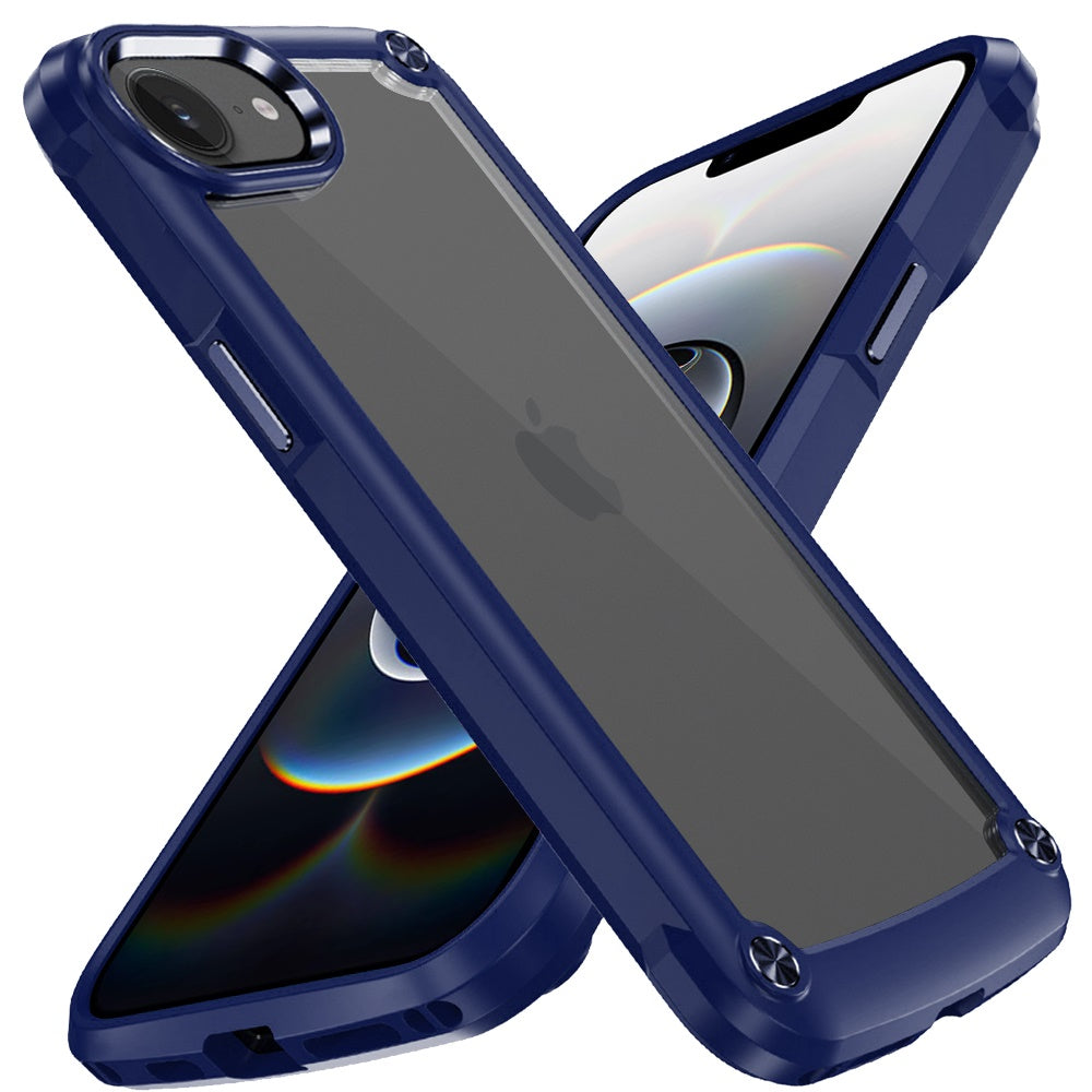 For Apple iPhone 16e Hybrid Transparent Rubber with Metal Buttons & Camera Edges Hard TPU Corner Frame Bumper Case Cover