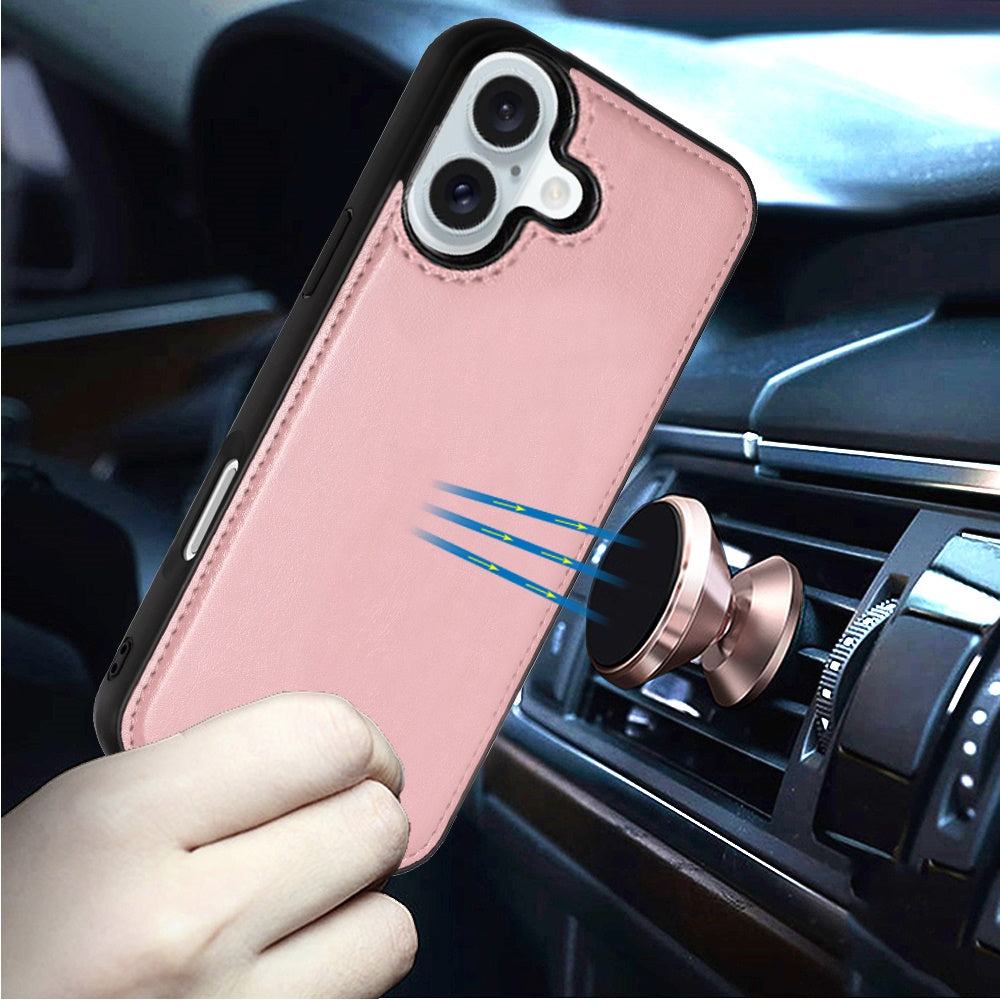 For Apple iPhone 16 (6.1") Deattachable PU Leather Hybrid Wallet Money Credit Card Holder Support Magsafe Charger Case Cover Rose Gold