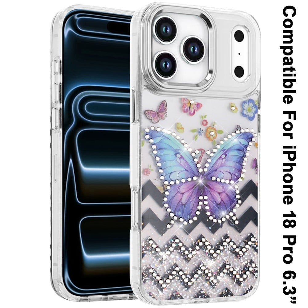 Phone Case for Apple iPhone 18 Pro Butterfly Resin Epoxy Diamond Bling Metal Edge Shockproof Hybrid Luxury Protective Durable Stylish Fashion Grip Cover