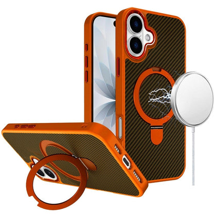 Phone Case for Apple iPhone 17 Carbon Fiber Magnetic Ring Stand Hybrid Shockproof AntiSlip Grip Kickstand Military Drop Protection Matte Finish Cover Cosmic Orange