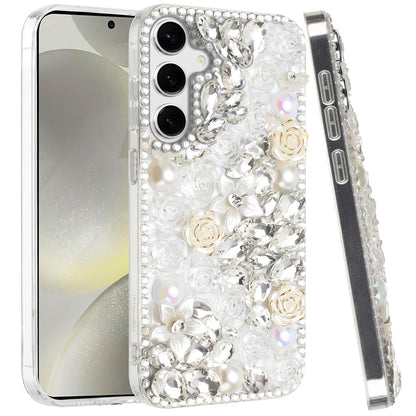 For Samsung Galaxy S26 Ultra Fashion Rose Flower Floral, 3D Bling Crystal Full Diamonds Pearl Sparkle Rhinestone Glitter Hybrid Case Cover