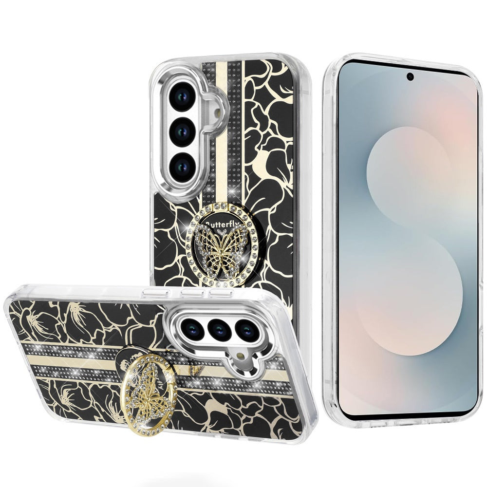 For Samsung Galaxy S26 Diamonds 3D Butterfly Floral Design Bling Sparkly Glitter Hybrid Metal Fashion with Ring Stand Case Cover