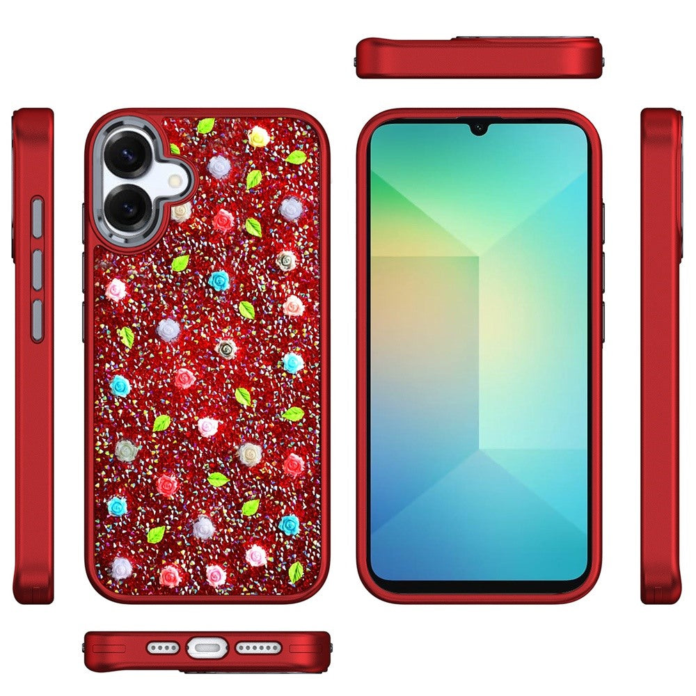 For Apple iPhone 16 Plus (6.7") Floral Design Embedded Glass Diamond Fancy Fashion Glitter Bling Sparkly Hybrid Rugged TPU Bumper Case Cover