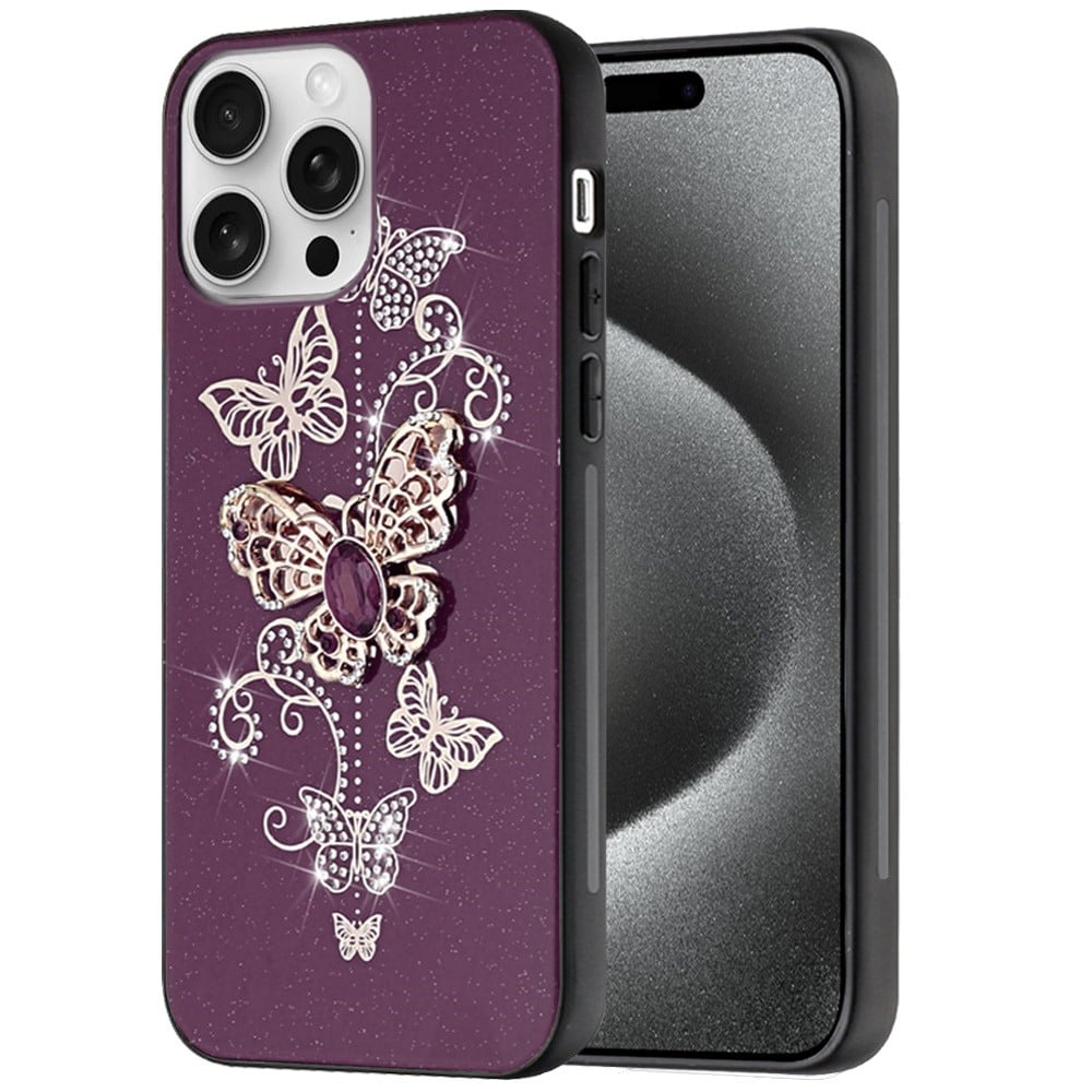 Phone Case for Apple iPhone 15 Pro Max Diamond Glitter 3D Butterfly Engraved Luxury Bling Hybrid Shockproof Chrome Edge Protective Durable Grip Cover Purple