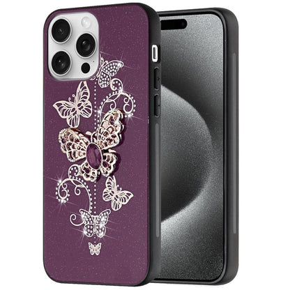 Phone Case for Apple iPhone 15 Pro Max Diamond Glitter 3D Butterfly Engraved Luxury Bling Hybrid Shockproof Chrome Edge Protective Durable Grip Cover Purple