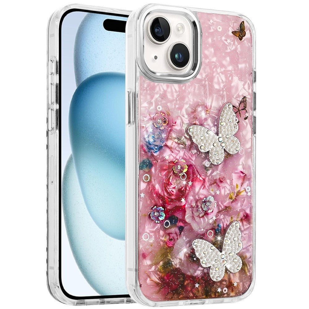 For Apple iPhone 15 Plus /14 Plus Epoxy Glitter Flowers Bling 3D Butterfly Fashion TPU Hybrid with Shockproof Protection Case Cover