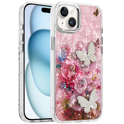For Apple iPhone 15 Plus /14 Plus Epoxy Glitter Flowers Bling 3D Butterfly Fashion TPU Hybrid with Shockproof Protection Case Cover