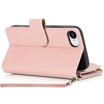 For Apple iPhone 17E /16E Leather Wallet Case with Zipper, 9 Card Slots, Cash Pocket, Stand & Strap, Clutch Pouch Design Case Cover Rose Gold