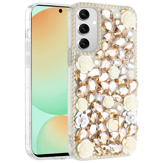 For Samsung Galaxy S24 Fan Edition /Galaxy S24 FE Fashion Rose Flower Floral Bling Crystal 3D Full Diamonds Pearl Sparkle Rhinestone Glitter Hybrid Case Cover Yellow