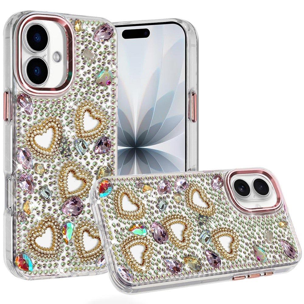 Phone Case for Apple iPhone 17 (6.3") Luxury Crystal Heart Rhinestone Diamond Bling Shockproof Hybrid Glitter Protective Stylish Durable Grip Cover Gold