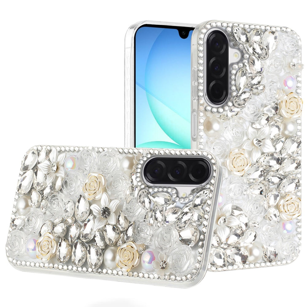 Phone Case for Samsung Galaxy A17 5G Rose Flower Full Diamond Bling Rhinestone Glitter Luxury Stylish Sparkle Protective Designer Hybrid Cover