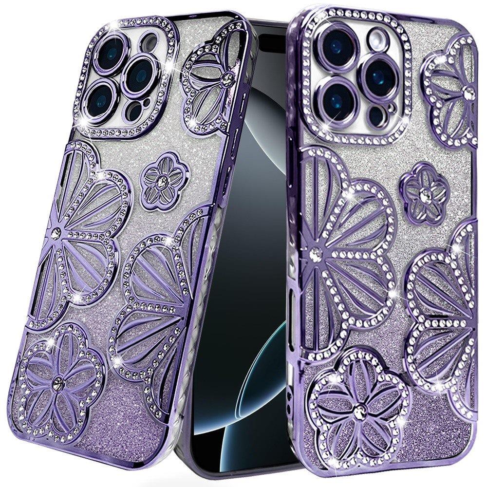For iPhone 16 Pro Max (6.9") Luxury Flower Design Sparkle Glitter Diamond Rhinestone Shimmer Bling Plating Thick TPU Hard PC Case Cover
