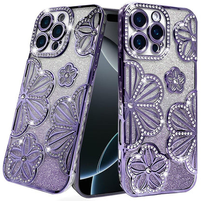 For iPhone 16 Pro Max (6.9") Luxury Flower Design Sparkle Glitter Diamond Rhinestone Shimmer Bling Plating Thick TPU Hard PC Case Cover