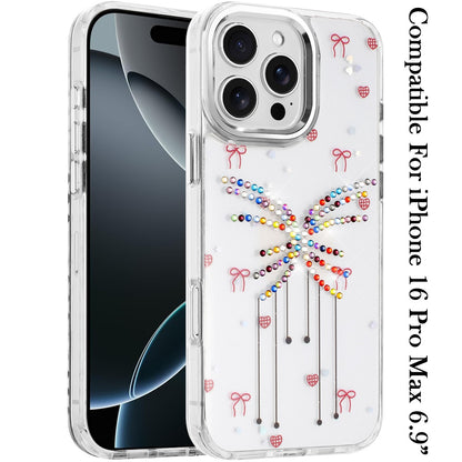 For iPhone 16 Pro Max (6.9") Butterfly Resin Epoxy Diamond Design Metal Edged Hybrid Shockproof Heavy Duty Drop Protection Protector