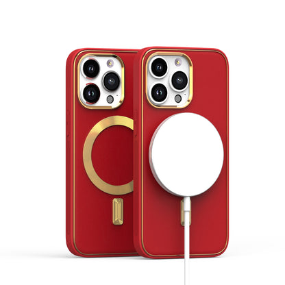 For Apple iPhone 16 Plus (6.7") PU Leather Magnetic Case Slim Protective Cover with MagSafe Compatibility Hard PC Gold Frame Protection Case Cover