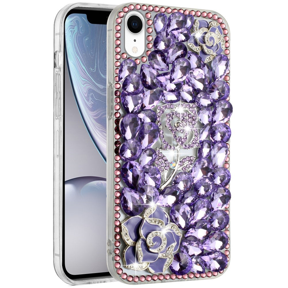 Phone Case for Apple iPhone XR 3D Floral Diamond Bling Glitter Luxury Sparkle Hybrid Stylish Rhinestone Shockproof Protective Designer Cover Purple