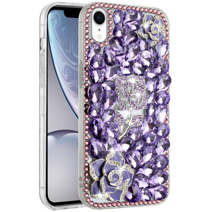Phone Case for Apple iPhone XR 3D Floral Diamond Bling Glitter Luxury Sparkle Hybrid Stylish Rhinestone Shockproof Protective Designer Cover Purple