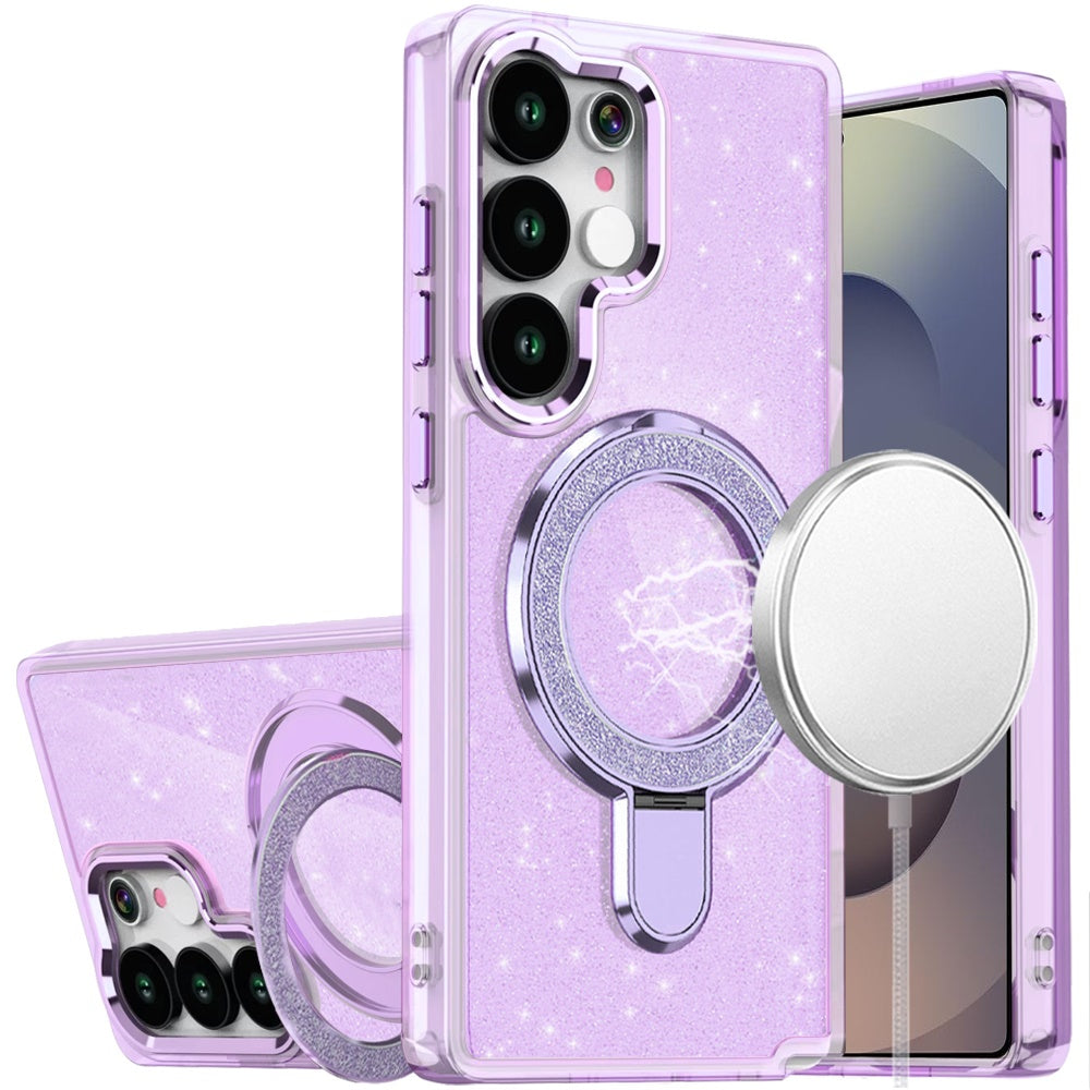 For Samsung Galaxy S25 Ultra Transparent Glitter Bling Case with Rotating Magnetic Ring Stand, Shockproof Hybrid Case Cover