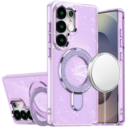 For Samsung Galaxy S25 Ultra Transparent Glitter Bling Case with Rotating Magnetic Ring Stand, Shockproof Hybrid Case Cover