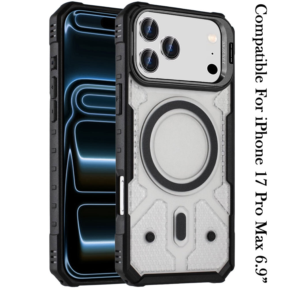 For Apple iPhone 17 Pro Max Transparent Tough Dotted Magnetic Case with Camera Stand & Hybrid Grip Shockproof Case Cover