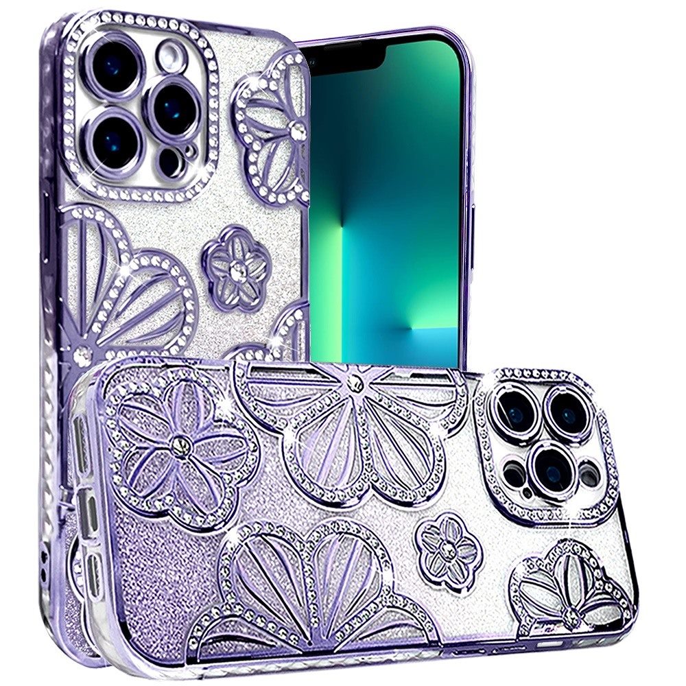 For Apple iPhone 13 Pro Max Luxury Flower Design Sparkle Glitter Diamond Rhinestone Shimmer Bling Plating Thick TPU Hard PC Case Cover