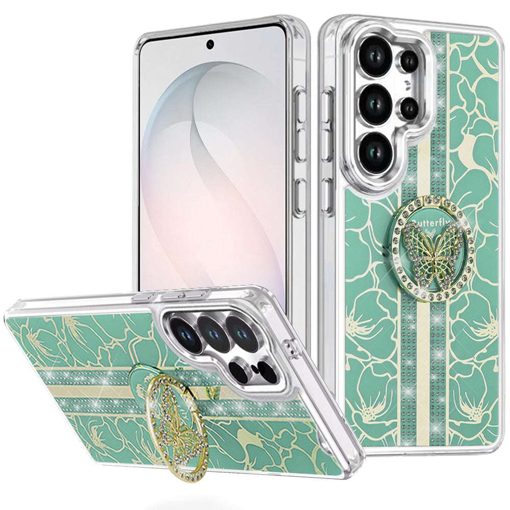 For Samsung Galaxy S26 Ultra Diamonds 3D Butterfly Floral Design Bling Sparkly Glitter Hybrid Metal Fashion with Ring Stand Case Cover