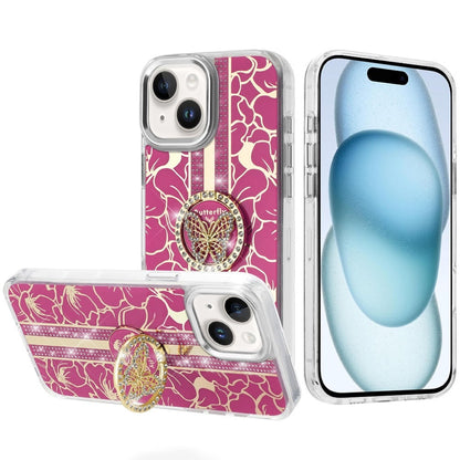 Phone Case for Apple iPhone 15 Floral Butterfly Ring Stand Glitter Bling Shockproof Hybrid Luxury Fashion Protective Anti Slip Durable Grip Cover