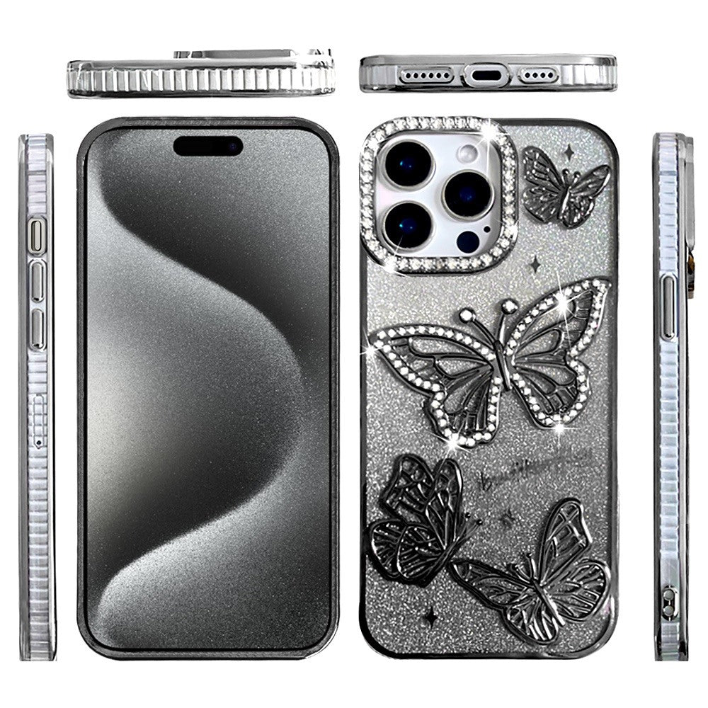 For Apple iPhone 15 Luxury Butterfly Sparkle Glitter Diamond Crystal Rhinestone Shimmer Bling Plating Thick TPU Hard PC Case Cover