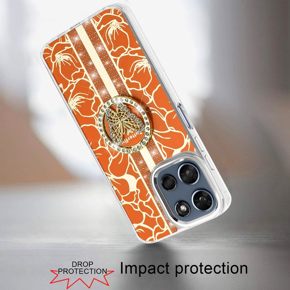 For Motorola Moto G 5G 2026/2025 Diamonds 3D Butterfly Floral Design Bling Sparkly Glitter Hybrid Metal Fashion with Ring Stand Case Cover