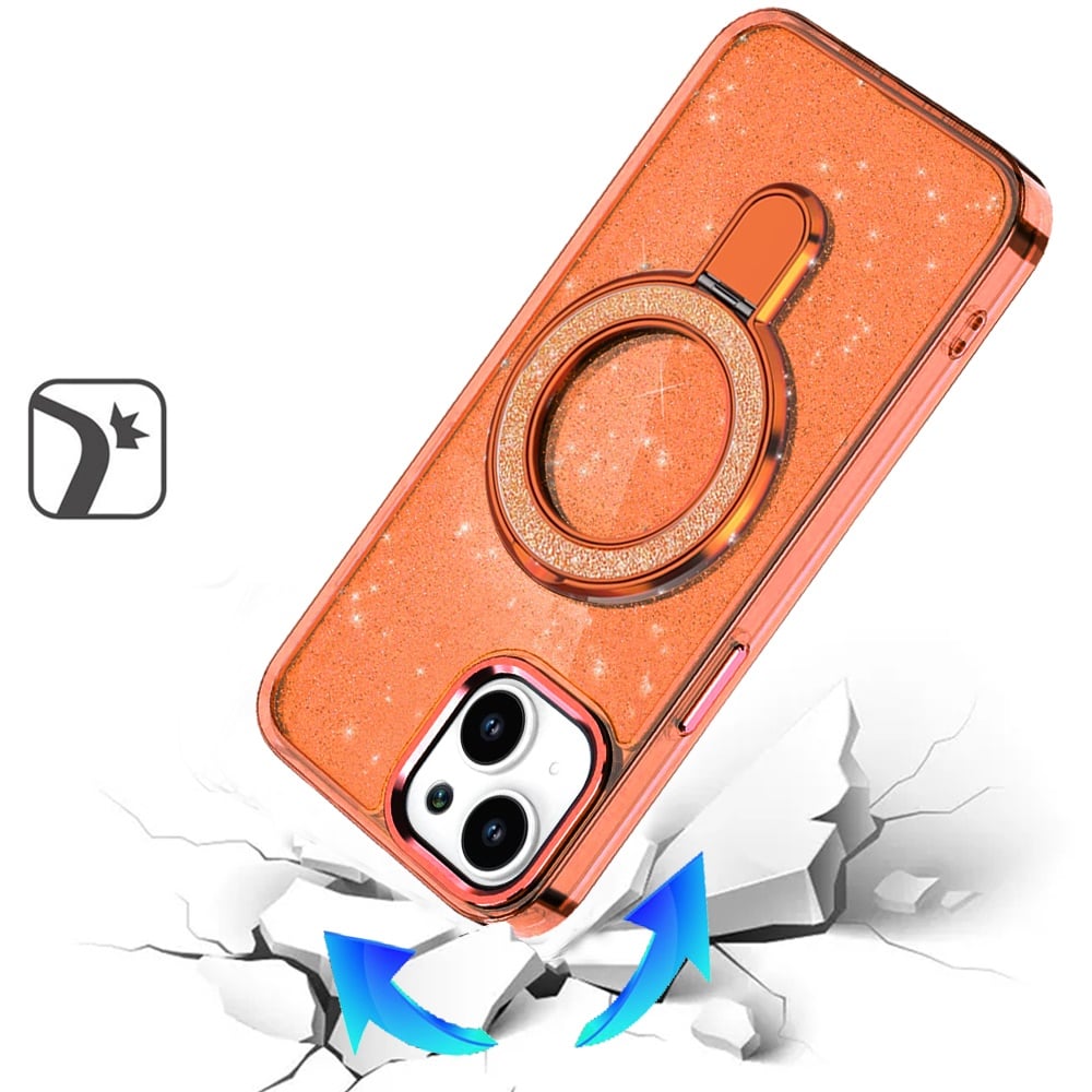 For iPhone 15 (6.1") Transparent Glitter Bling Case with Rotating Magnetic Ring Stand, Shockproof Hybrid Case Cover Cosmic Orange