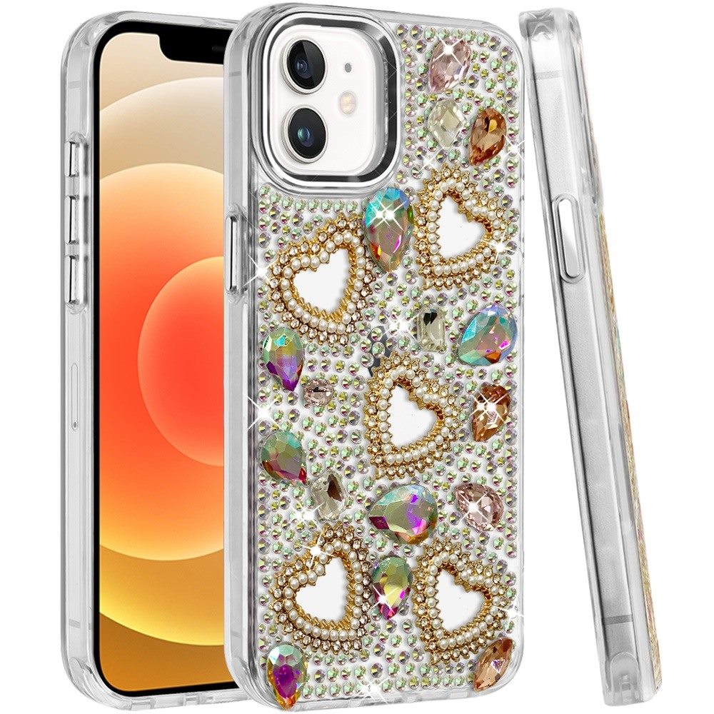 Phone Case for Apple iPhone 12 /12 Pro Luxury Crystal Heart Rhinestone Diamond Bling Shockproof Hybrid Glitter Protective Stylish Durable Grip Cover