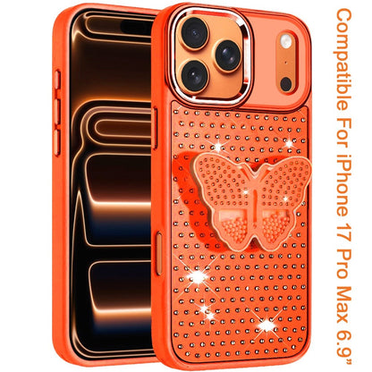 Phone Case for Apple iPhone 17 Pro Max (6.9") Butterfly Grip Pop Stand Diamond Sparkle Hybrid Shockproof Metal Button Slim Protective Grip Decorative Design Cover Cosmic Orange