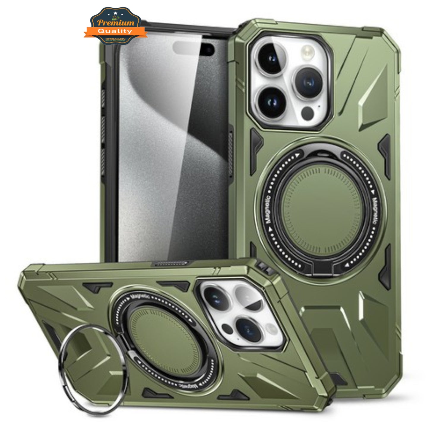 For Apple iPhone 16 Pro Max (6.9") Tough Shockproof Hybrid with Magnetic Ring Stand Compatible with MagSafe TPU + PC Protective Case Cover