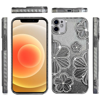 For iPhone 12 / iPhone 12 Pro (6.1") Luxury Flower Design Sparkle Glitter Diamond Rhinestone Shimmer Bling Plating Thick TPU Hard PC Case Cover