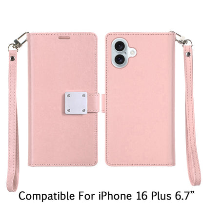 Phone Case for Apple iPhone 16 Plus Wallet Credit Card Holder Leather Grip Shockproof Hybrid Protective Style Durable Flip Pouch Cover Rose Gold