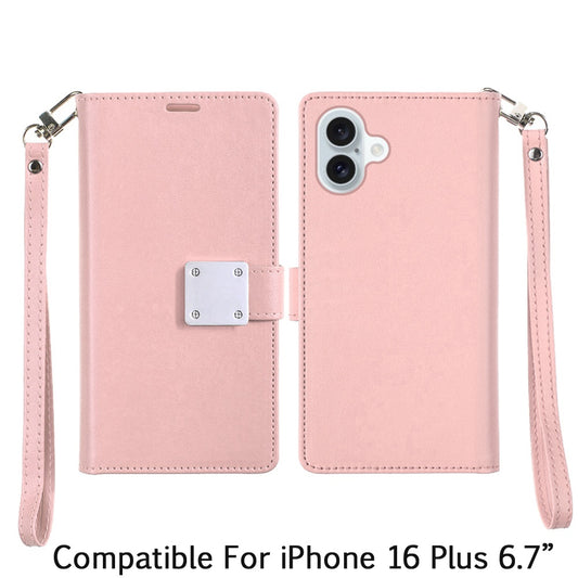 Phone Case for Apple iPhone 16 Plus Wallet Credit Card Holder Leather Grip Shockproof Hybrid Protective Style Durable Flip Pouch Cover Rose Gold