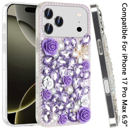 Phone Case for Apple iPhone 17 Pro Max Rose Flower Full Diamond Bling Rhinestone Glitter Luxury Stylish Sparkle Protective Designer Hybrid Cover