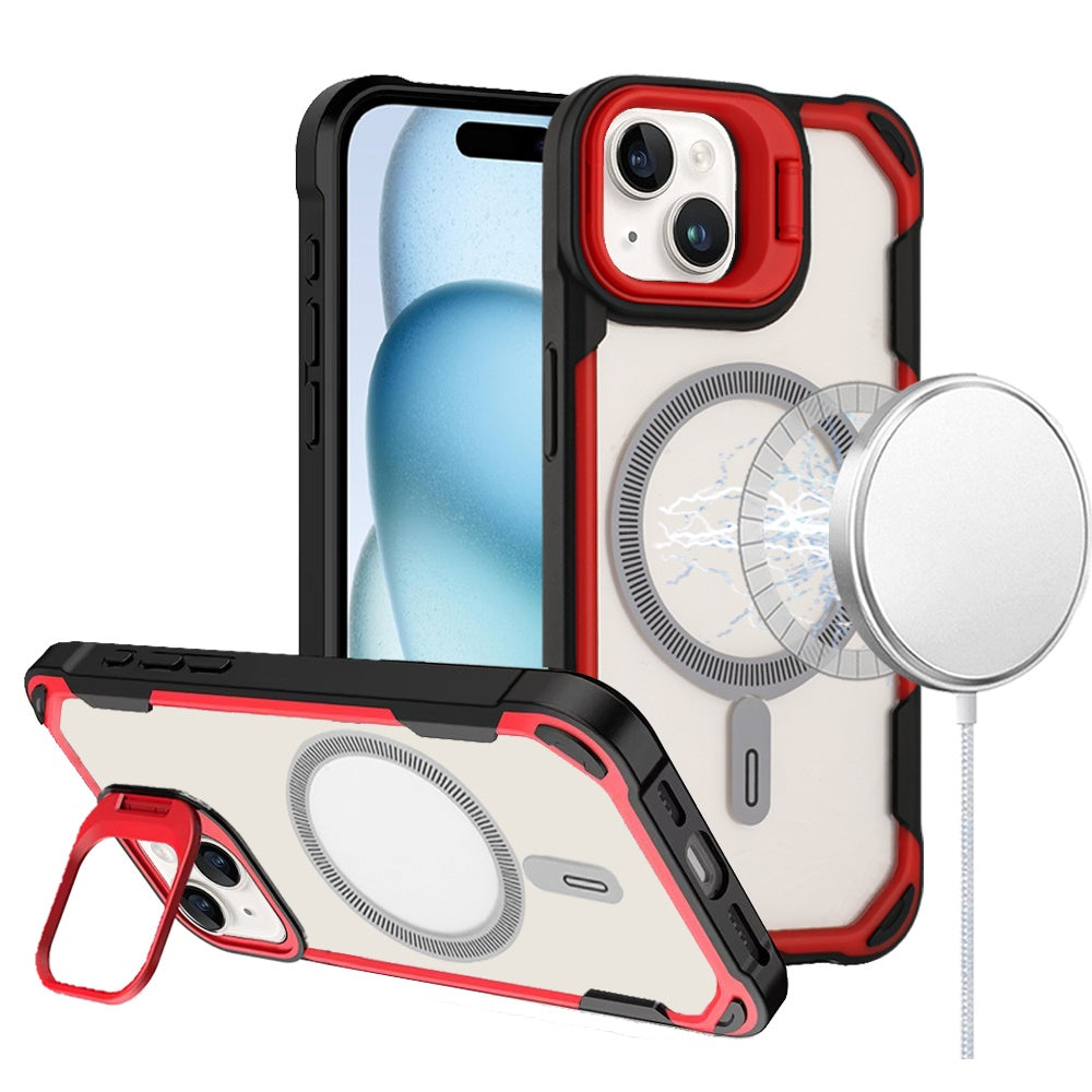 For Apple iPhone 15 Magnetic Circle Hybrid with Camera Stand, Compatible with MagSafe, Shockproof Protective Case Cover