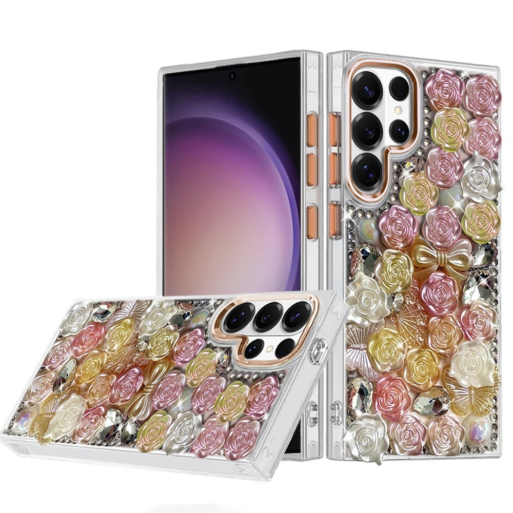 Phone Case for Samsung Galaxy S23 Ultra 3D Flower Bling Rhinestone Glitter Cute Stylish Shockproof Protective Decorative Luxury Grip Stones Ornaments Cover