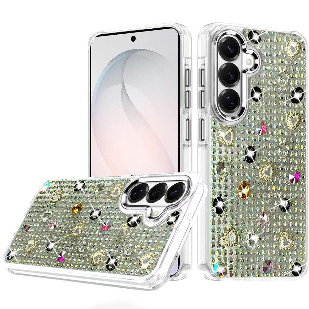 Phone Case for Samsung Galaxy S26 Chrome Fashion Hybrid Bling Diamond Heart Rhinestone Decorative Stones Sparkling Embellished Design Cover