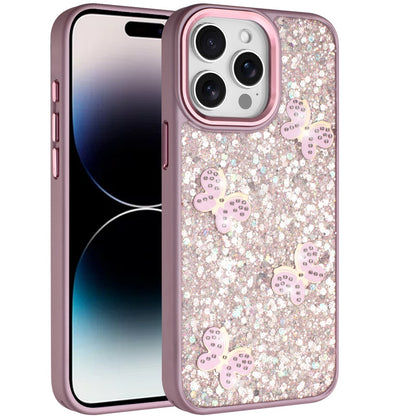 For iPhone 14 Pro Max (6.7") Cute Butterfly Crystal Diamond Glitter Case Sparkle Bling Frame Metallic Edges, Shimmer TPU Hybrid Case Cover