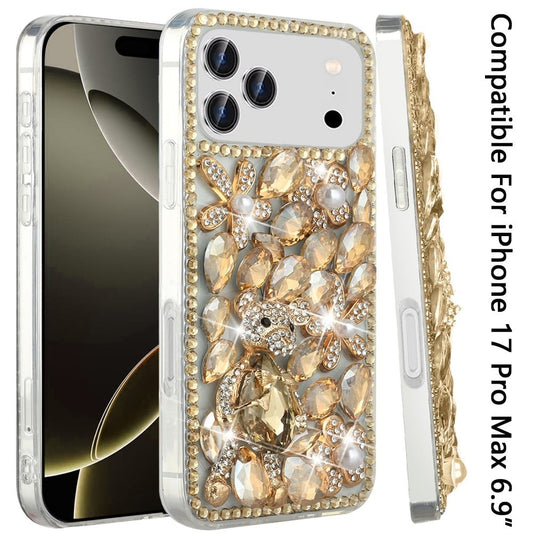 Phone Case for Apple iPhone 17 Pro Max Luxury Full Diamond Glitter 3D Floral Ornament Hybrid Shockproof Stylish Rhinestone Designer Protective Elegant Cover