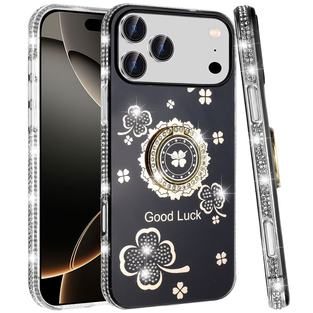 For Apple iPhone 17 Pro Max (6.9") Diamonds Bling All Around Edges Sparkly Glitter Hybrid with Ring Stand Holder Fashion Good Luck Case Cover