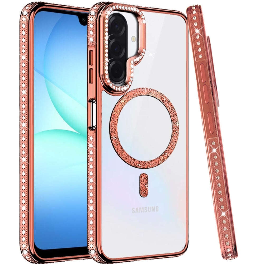 Phone Case for Samsung Galaxy A17 5G Luxury Diamond Bling Edged Magnetic Glitter Shockproof Hybrid with Camera Kickstand Durable Grip Cover
