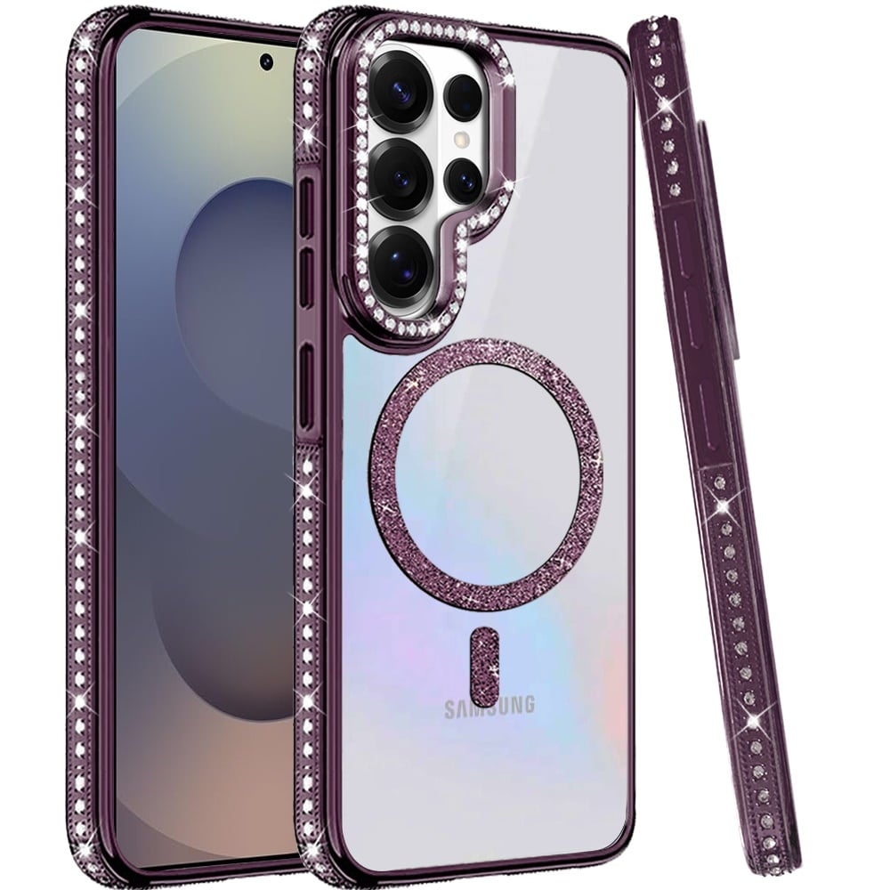 Phone Case for Samsung Galaxy S25 Ultra Luxury Diamond Bling Edged Magnetic Glitter Shockproof Hybrid with Camera Kickstand Durable Grip Cover